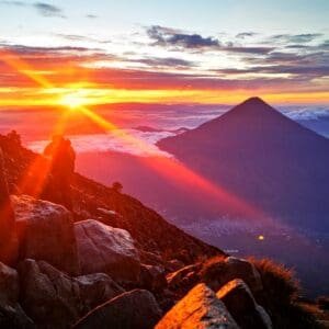 Sun rising behind the Acatenango volcano