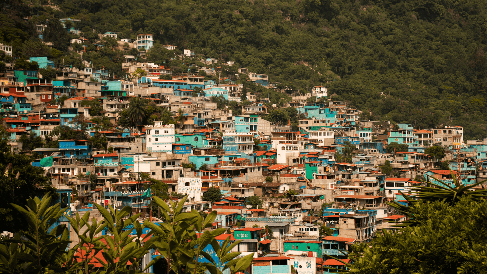 Lake Atitlan village drone shot